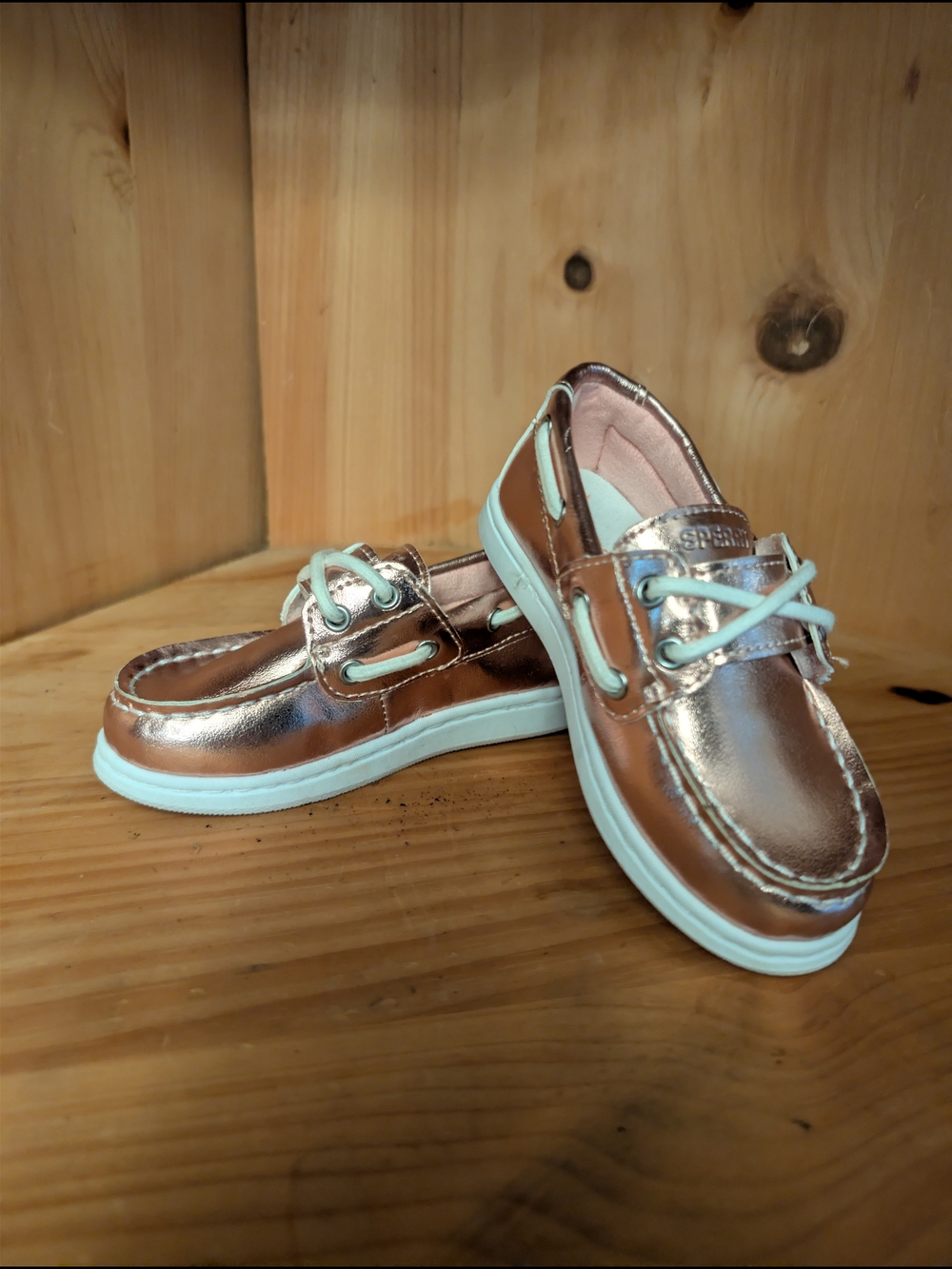Sperry Girls Metallic Rose Gold Boat Shoes with White Laces